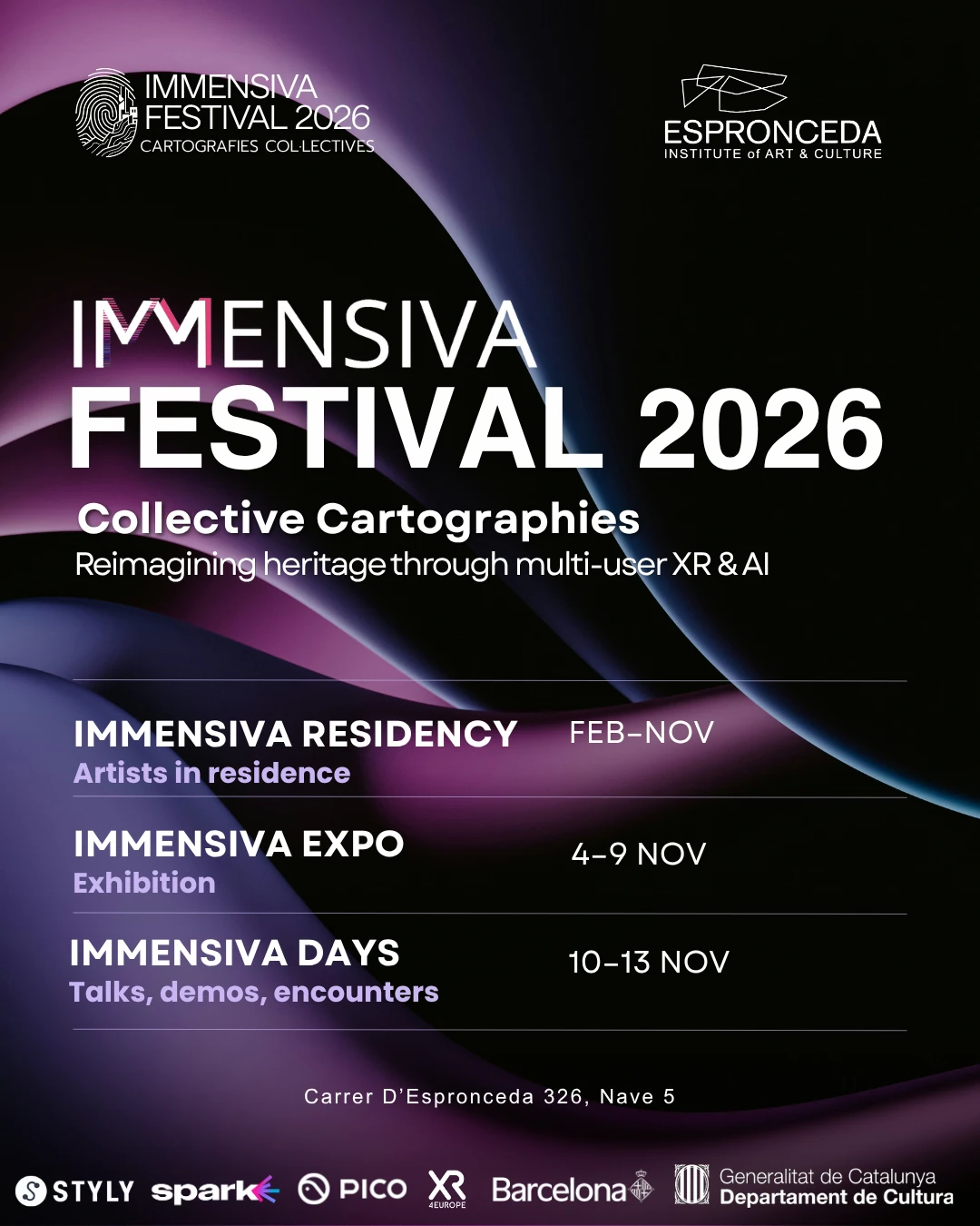 IMMENSIVA Festival 2026 - Collective Cartographies IMMENSIVA Festival 2026. Collective Cartographies: reimagining heritage through multi-user XR and AI. Residency Feb-Nov, Expo 4-9 Nov, Days 10-13 Nov. Carrer d'Espronceda 326, Nave 5.